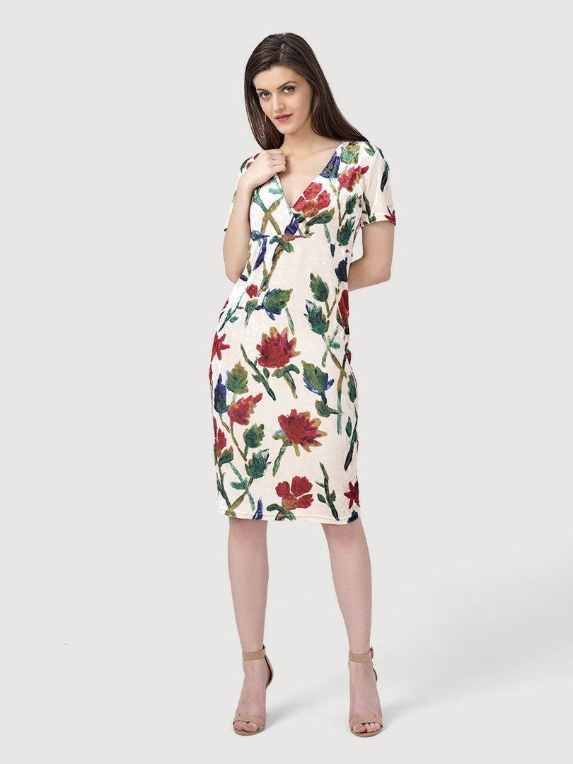 IS.U Off-white Floral Velvet Midi Dress