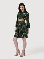 Load image into Gallery viewer, IS.U Green Pleated Floral Dress