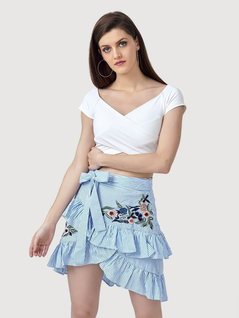 IS.U Blue Embroidered Ruffle Skirt