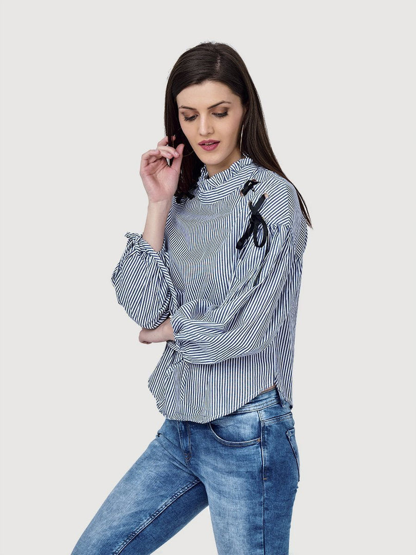 IS.U Blue Shoulder Lace-up Top
