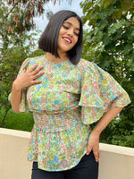 Load image into Gallery viewer, IS.U Green layered bell sleeve smocked top
