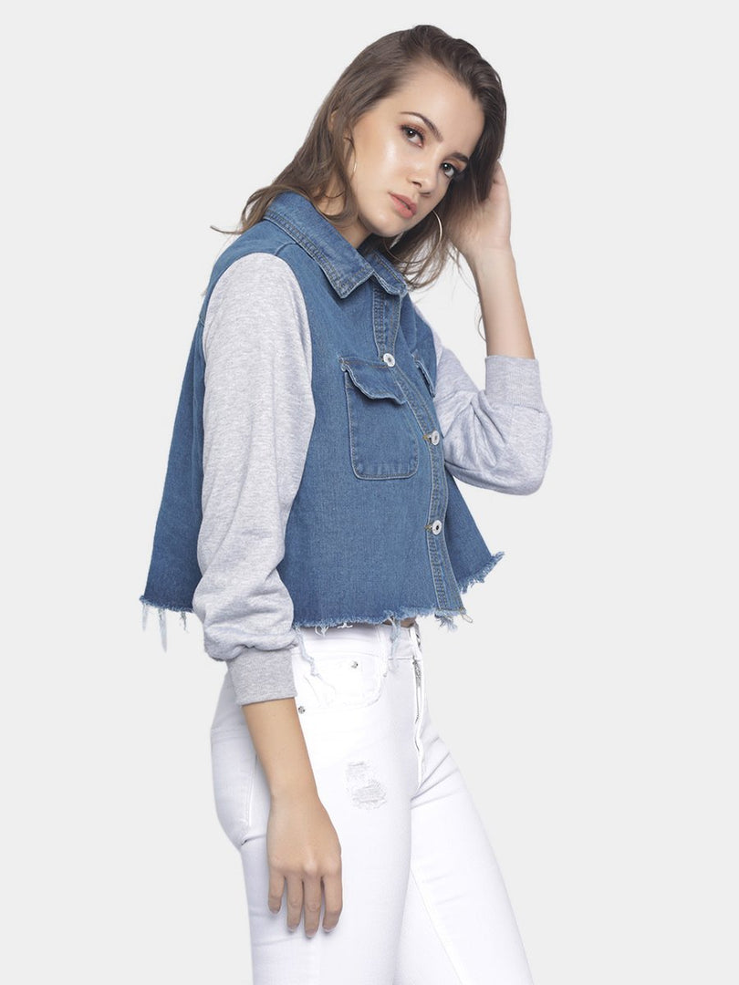 IS.U Blue Denim Jacket With Jersey Sleeves